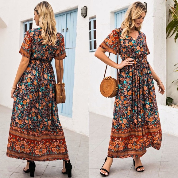 Boho gypsy Flutter Sleeve Floral Print maxi dress - Picture 2 of 4